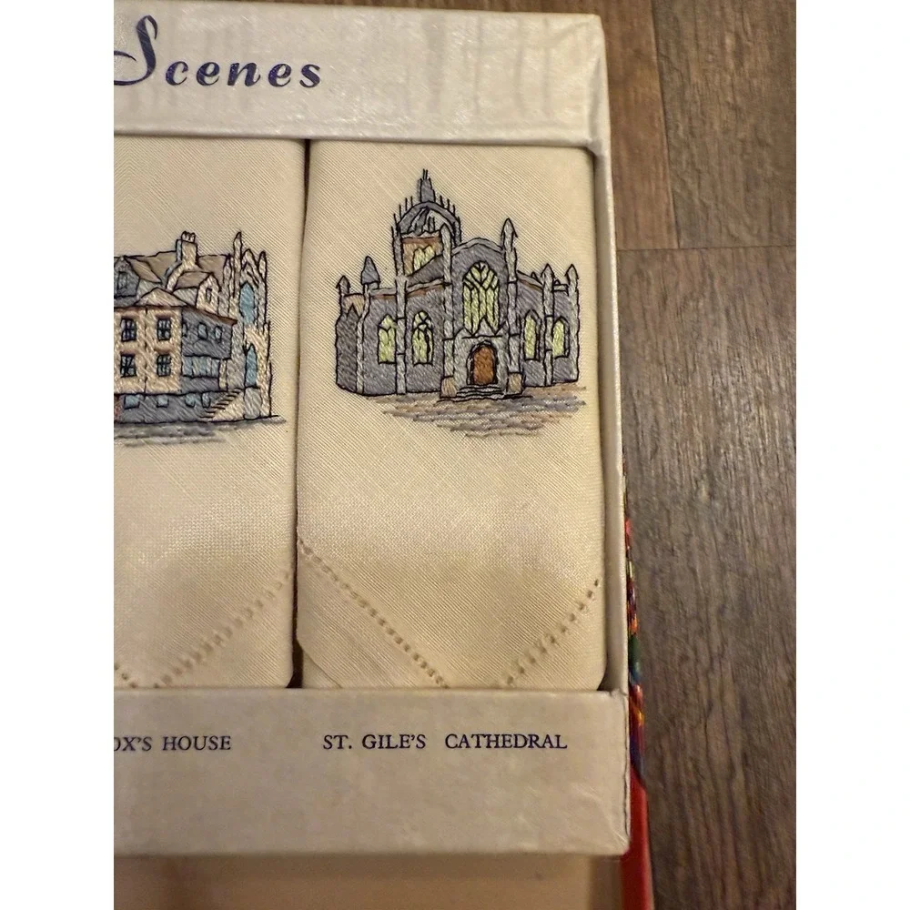 Vintage Set of 4 Edinburgh Souvenir Tea Towel ‎ 100% Linen NIB